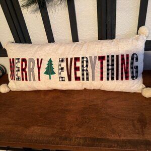 Merry Everything Christmas Lumbar Pillow – 30”x10” with Pom-Poms